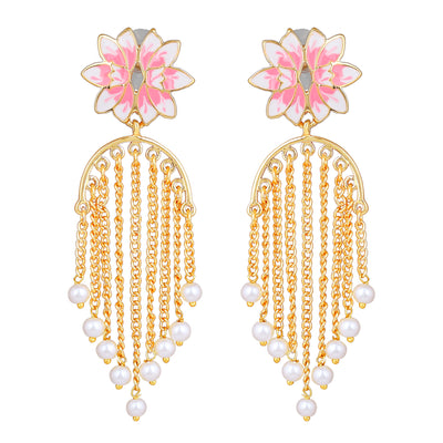Estele Gold Plated Lotus Designer Splendid Pearl Chain Drop Earrings with Pink Enamel for Girl's & Women