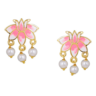 Estele Gold Plated Lotus Designer Pretty Pearl Drop Earrings with Pink Enamel for Girl's & Women