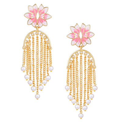 Estele Gold Plated Lotus Designer Splendid Pearl Chain Drop Earrings with Pink Enamel for Girl's & Women