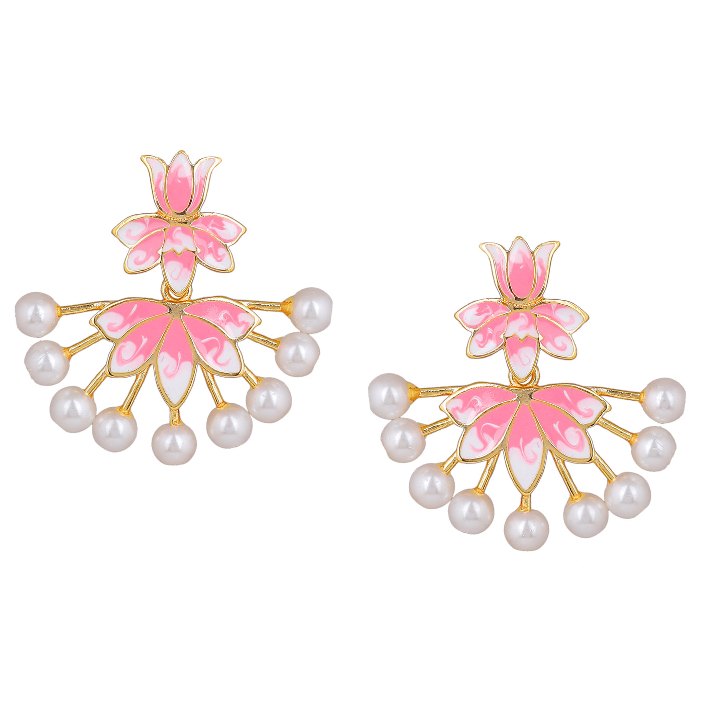 Estele Gold Plated Lotus Designer Pearl Drop Earrings with Pink Enamel for Girl's & Women