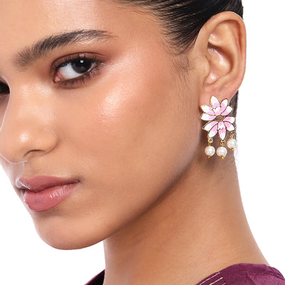 Estele Gold Plated Alluring Lotus Designer Pearl Drop Earrings with Pink Enamel for Girl's & Women