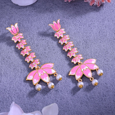 Estele Gold Plated Pink Enamelled Lotus Designer Pearl Drop & Dangler Earrings for Girl's & Women