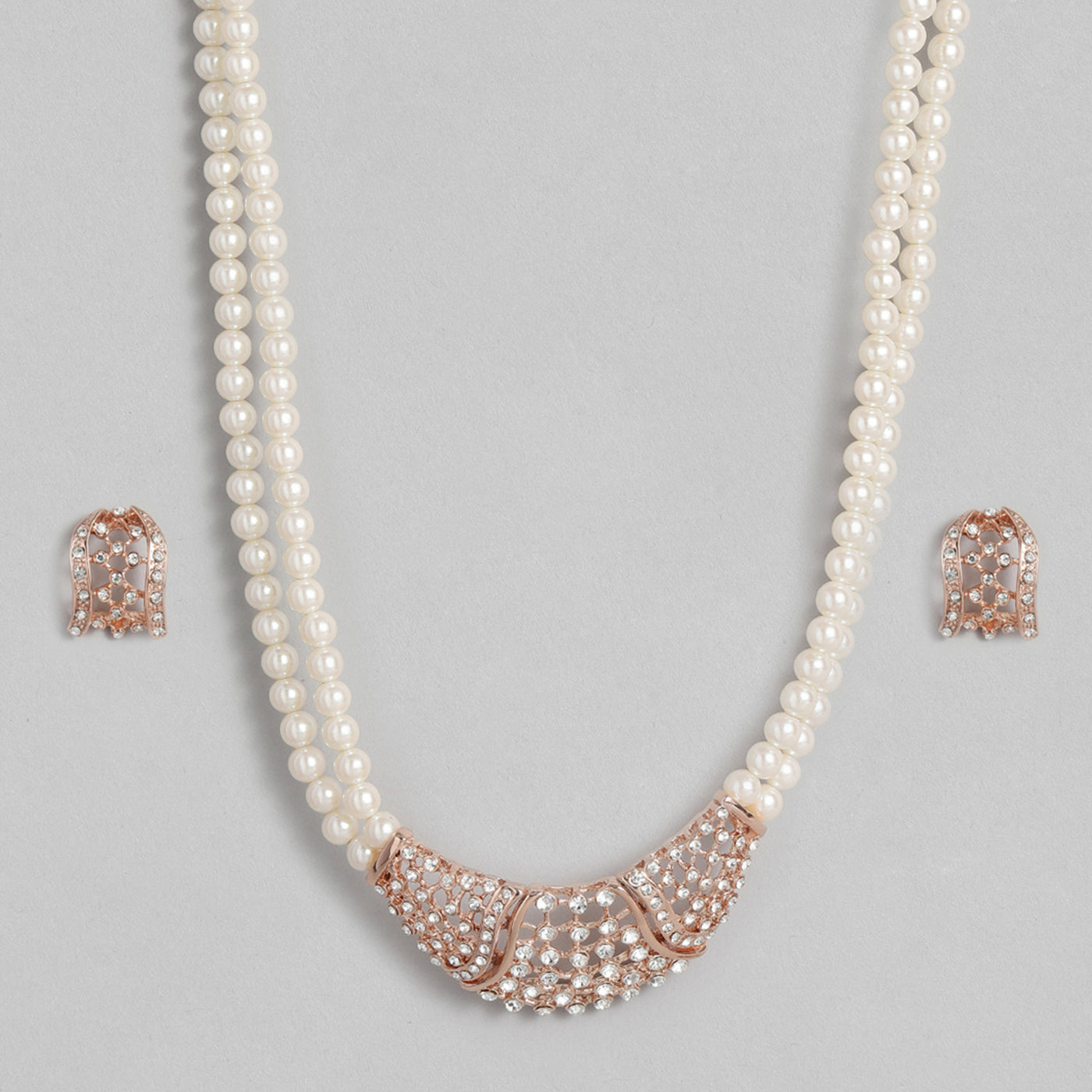 Estele Rose Gold Plated Shimmering Pearl Necklace Set with Crystals for Women