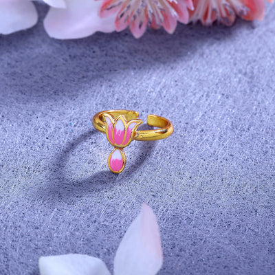Estele Gold Plated Pink Enamelled Lotus Designer Adjustable Finger Ring for Girl's & Women