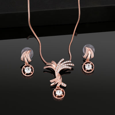 Estele Rose Gold Plated Palm Tree Designer Necklace Set with Crystals for Women
