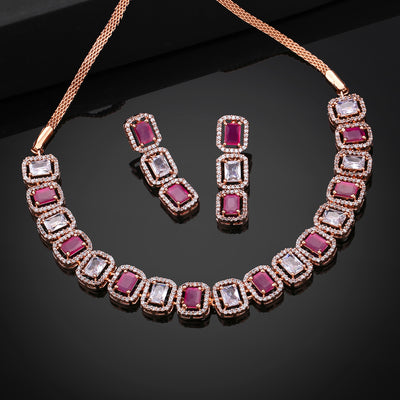 Estele Rose Gold Plated CZ Sparkling Necklace Set with Ruby for Women