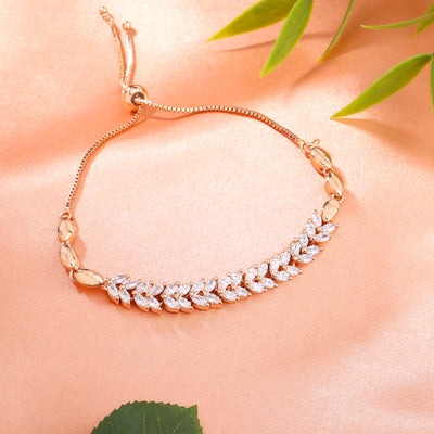 Estele Rose Gold Plated CZ Leaf Designer Bracelet for Women