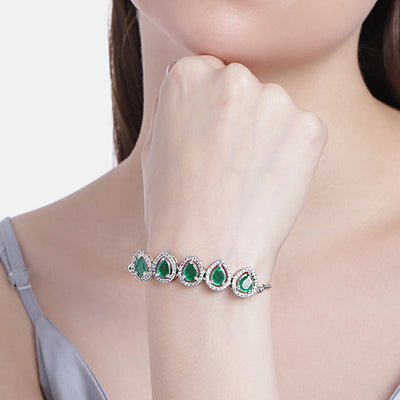 Estele Rhodium Plated CZ Precious Pears Bracelet with Emerald for Women