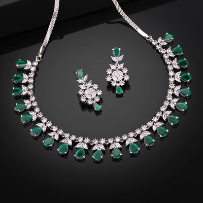 Estele Rhodium Plated CZ Glamorous Necklace Set with Green Stones for Women