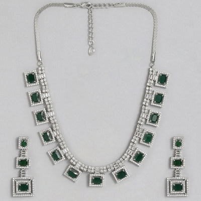 Estele Rhodium Plated CZ Geometric Designer Necklace Set with Emerald Crystals for Women