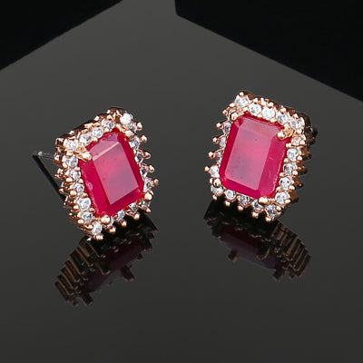 Estele Rose Gold Plated CZ Square Designer Stud Earrings with Ruby Stones for Women