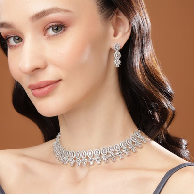 Estele Rhodium Plated CZ Exquisite Necklace Set for Women