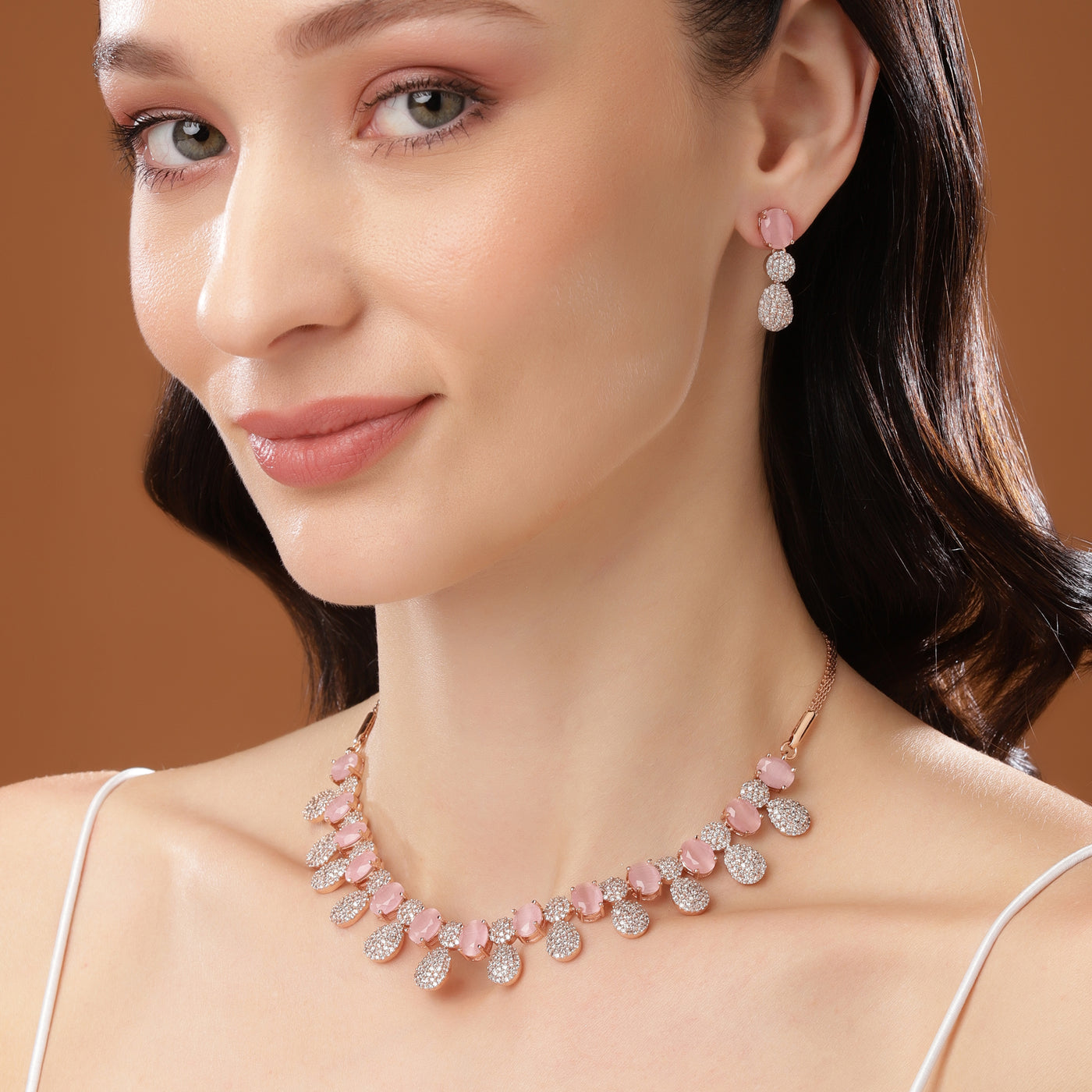 Estele Rose Gold Plated CZ Shimmering Necklace Set with Mint Pink & White Stones for Girls & Women's