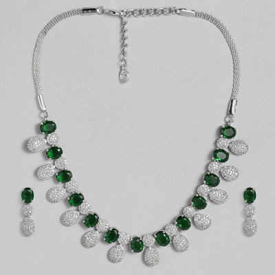 Estele Rhodium Plated CZ Drop Designer Necklace Set with Green Stones for Women