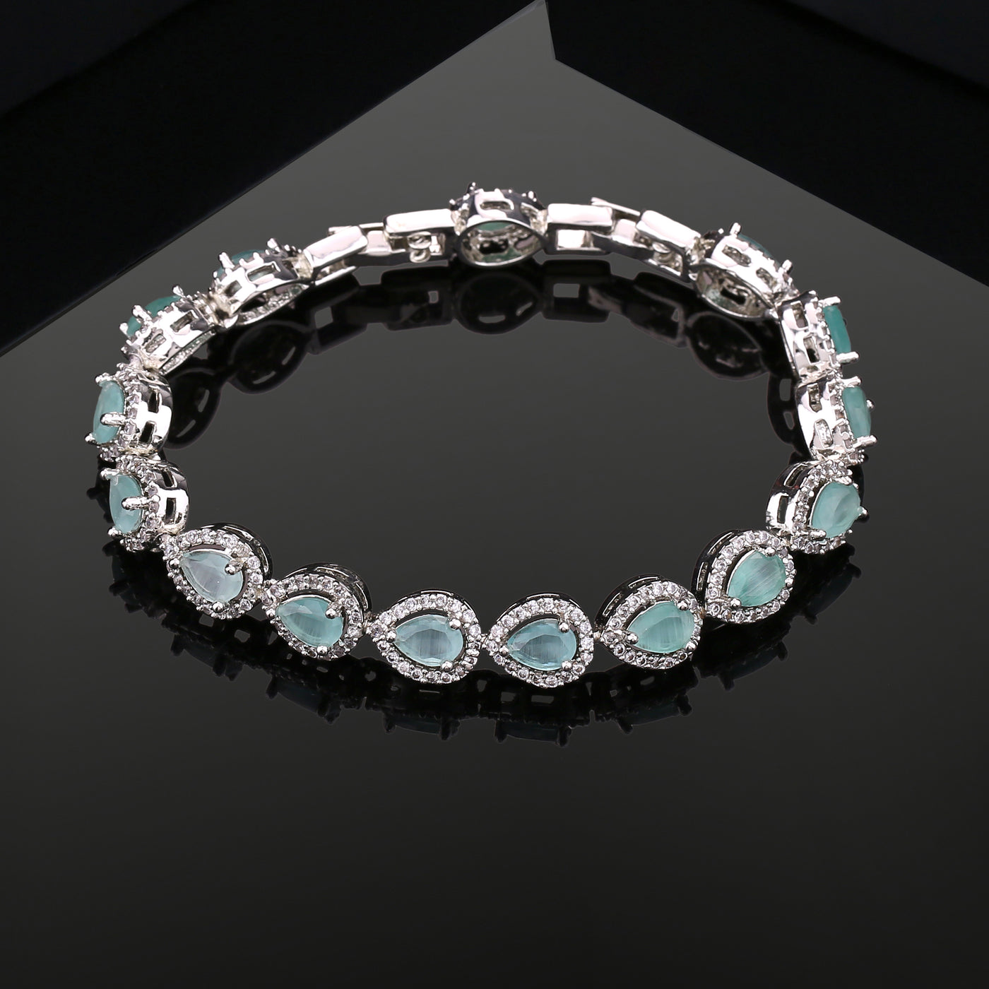 Estele Rhodium Plated CZ Classic Drop Designer Bracelet with Mint Green Stones for Women