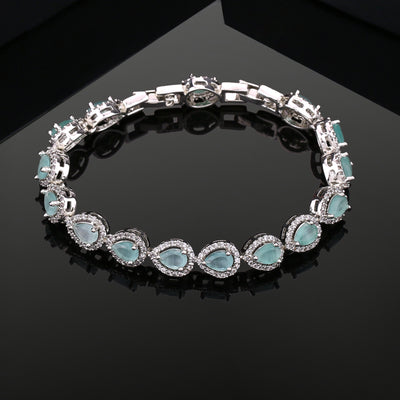 Estele Rhodium Plated CZ Classic Drop Designer Bracelet with Mint Green Stones for Women