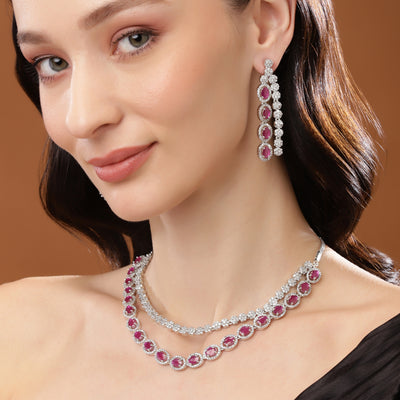 Estele Rhodium Plated CZ Scintillating Necklace Set with Ruby & White Stones for Girls & Women's