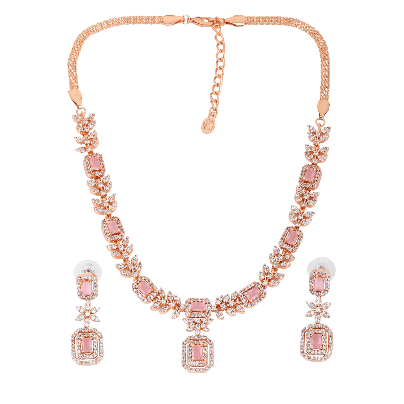 Estele Rose Gold Plated CZ Classic Designer Necklace Set with Mint Pink Stones for Women