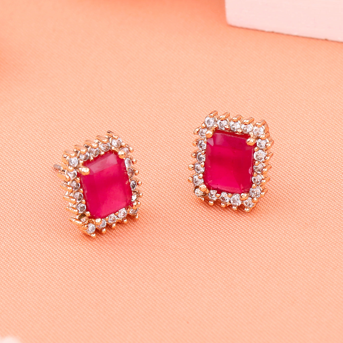 Estele Rose Gold Plated CZ Square Designer Stud Earrings with Ruby Stones for Women