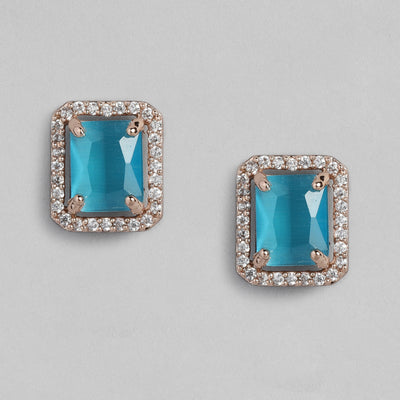 Estele Rose Gold Plated CZ Sparkling Square Designer Pendant Set with Mint Blue Crystals for Women