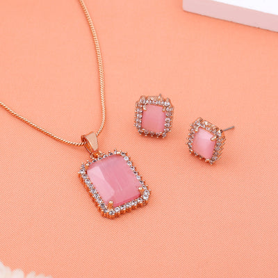 Estele Rose Gold Plated CZ Attractive Square Designer Pendant Set with Mint Pink Crystals for Women