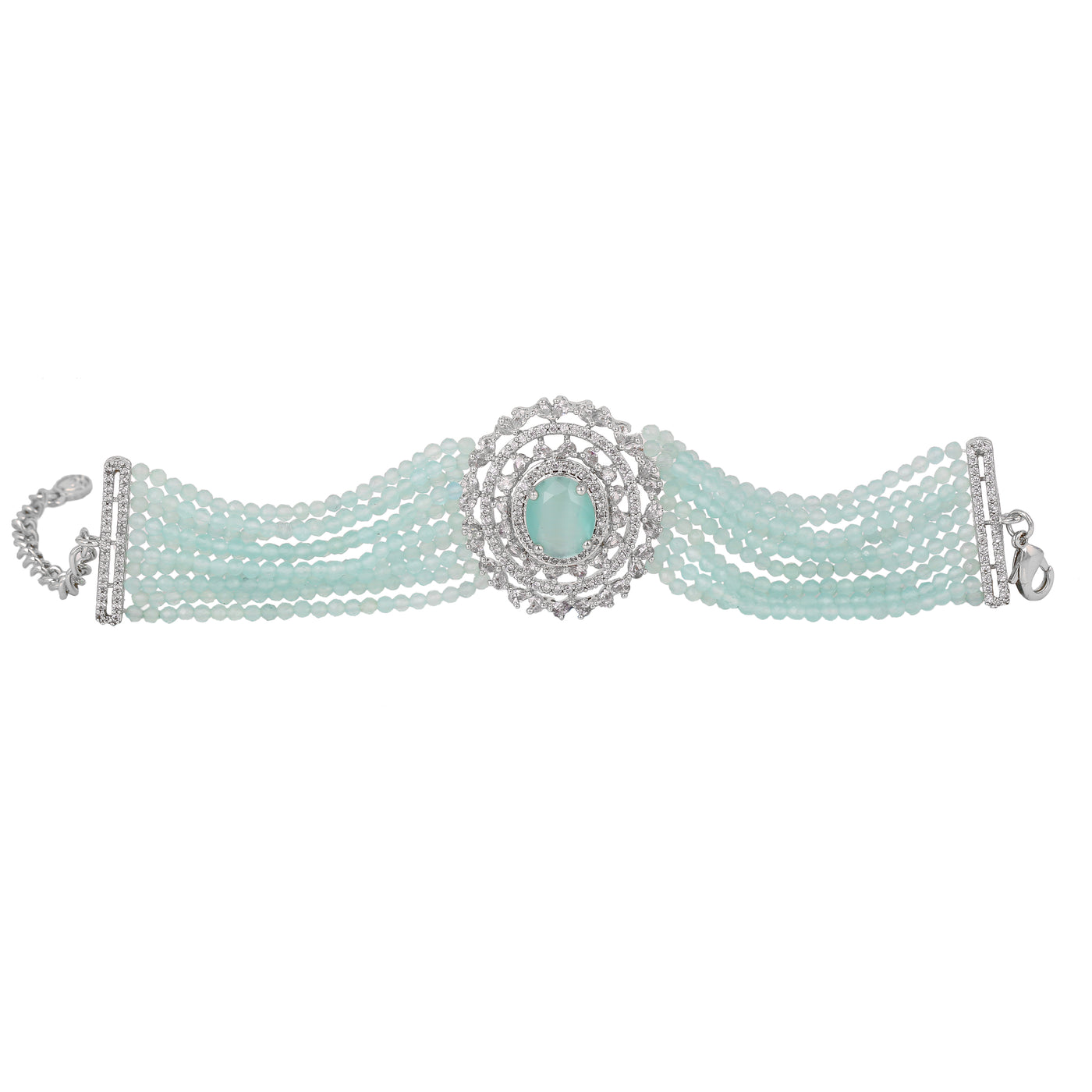 Estele Rhodium Plated CZ Gorgeous Multi-Layered Bracelet with Mint Green Stones for Women