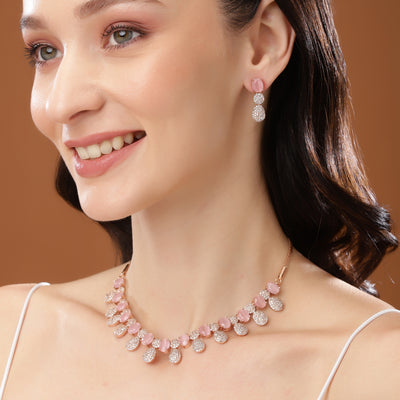 Estele Rose Gold Plated CZ Shimmering Necklace Set with Mint Pink & White Stones for Girls & Women's