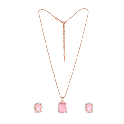 Estele Rose Gold Plated CZ Attractive Square Designer Pendant Set with Mint Pink Crystals for Women