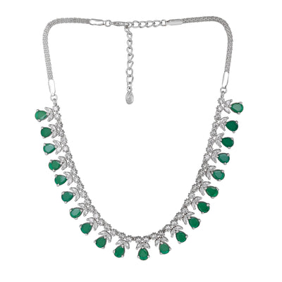 Estele Rhodium Plated CZ Glamorous Necklace Set with Green Stones for Women