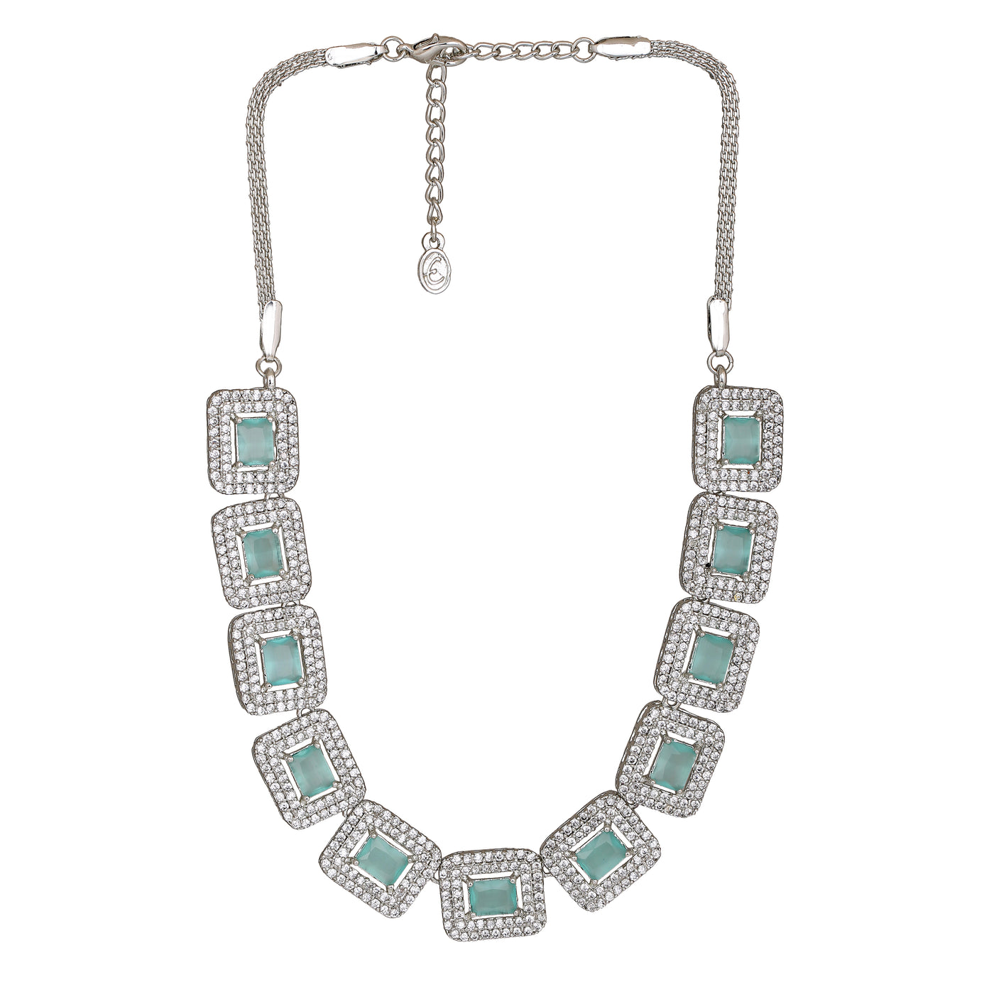 Estele Rhodium Plated CZ Fascinating Necklace Set with Mint Green Crystals for Women
