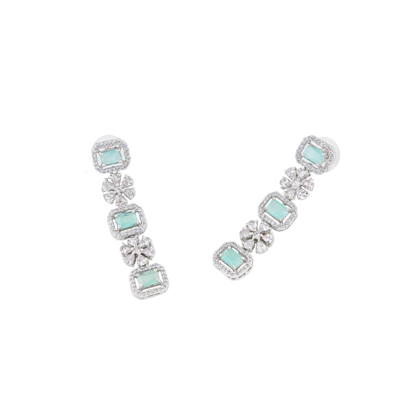 Estele Rhodium Plated CZ Magnificent Three Layered Necklace Set with Mint Green and White Crystals for Women