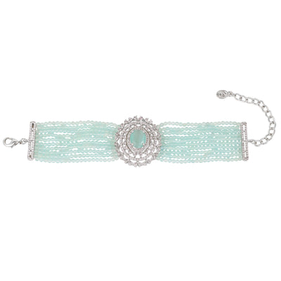Estele Rhodium Plated CZ Gorgeous Multi-Layered Bracelet with Mint Green Stones for Women
