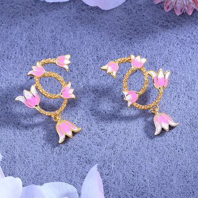 Estele Gold Plated Pink Enamelled Fleur Lotus Designer Drop Earrings for Girl's & Women