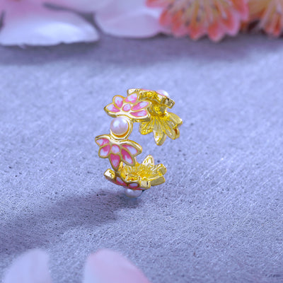 Estele Gold Plated Pink Enamelled Lotus Designer Adjustable Finger Ring with Pearls for Girl's & Women