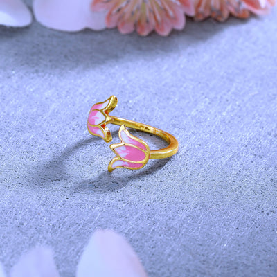 Estele Gold Plated Pink Enamelled Lotus Designer Stylish Adjustable Finger Ring for Girl's & Women