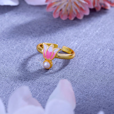 Estele Gold Plated Pink Enamelled Lotus Designer Stylish Adjustable Finger Ring with Pearl for Girl's & Women