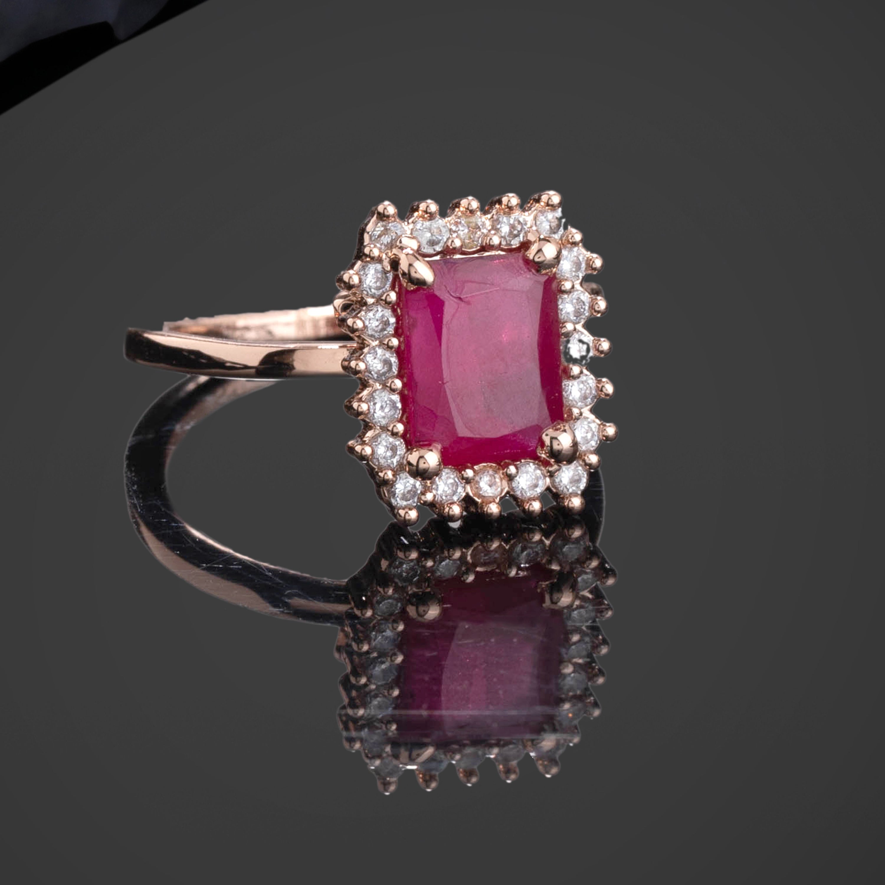 Estele Rosegold Plated CZ Square Designer Finger Ring with Ruby Stones