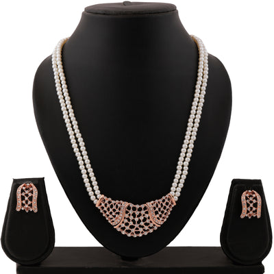Estele Rose Gold Plated Shimmering Pearl Necklace Set with Crystals for Women