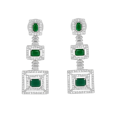Estele Rhodium Plated CZ Geometric Designer Necklace Set with Emerald Crystals for Women