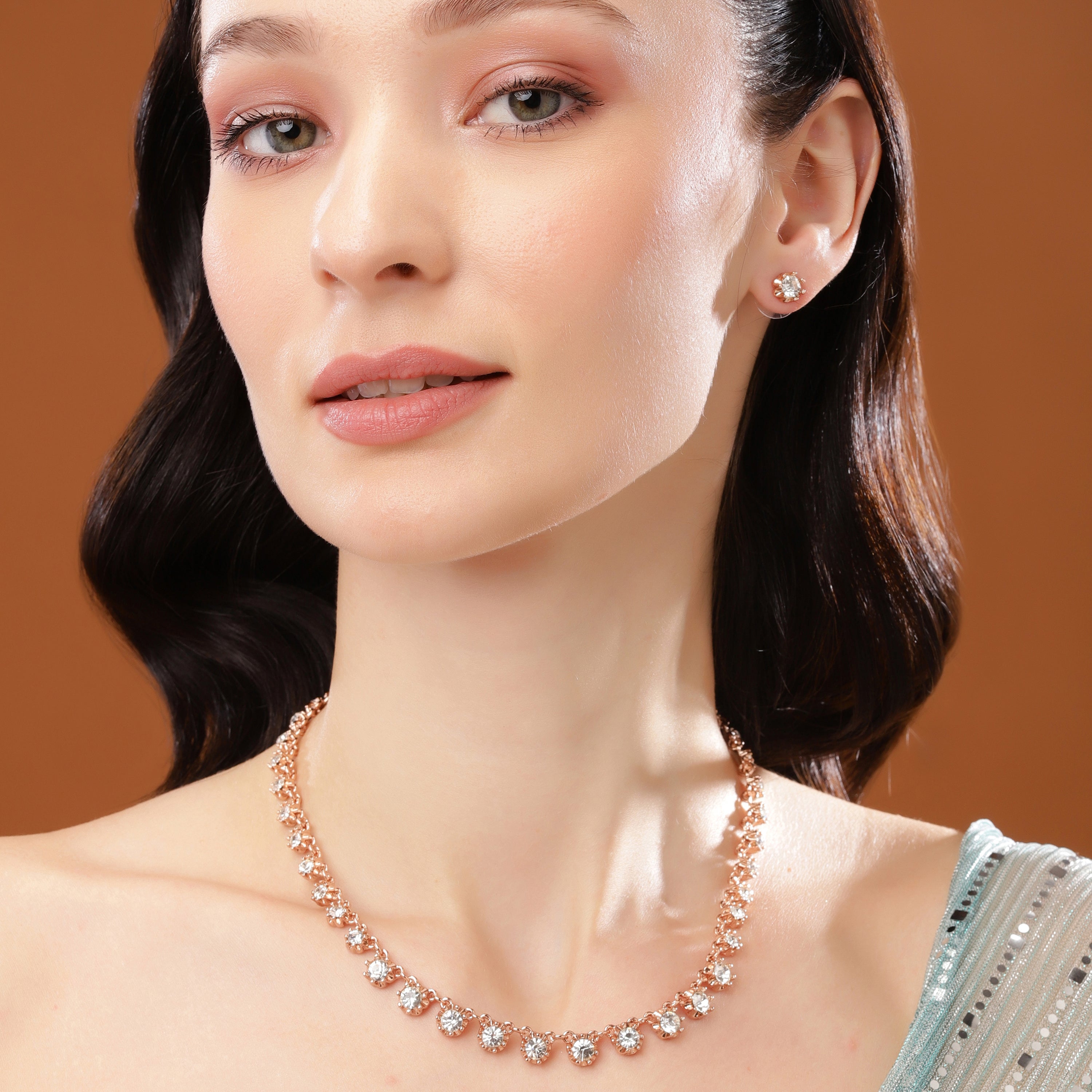 Shine Bright with Estele's Rose Gold Plated Necklace Set for Women.