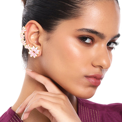 Estele Gold Plated Pink Enamelled Lotus Designer Stylish Cuff Earrings for Girl's & Women