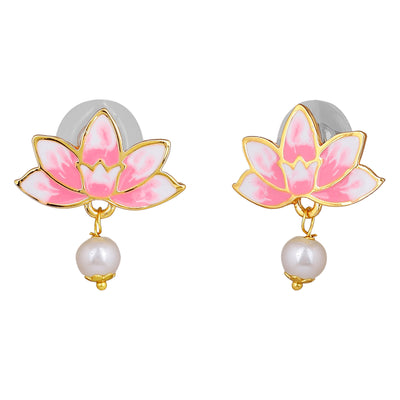Estele Gold Plated Lotus Designer Elegant Pearl Drop Earrings with Pink Enamel for Girl's & Women