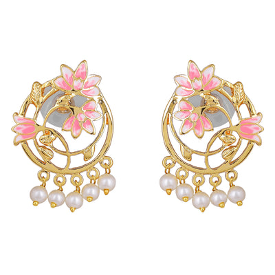 Estele Gold Plated Pink Enamelled Lotus & Creeper Designer Pearl Drop Earrings for Girl's & Women
