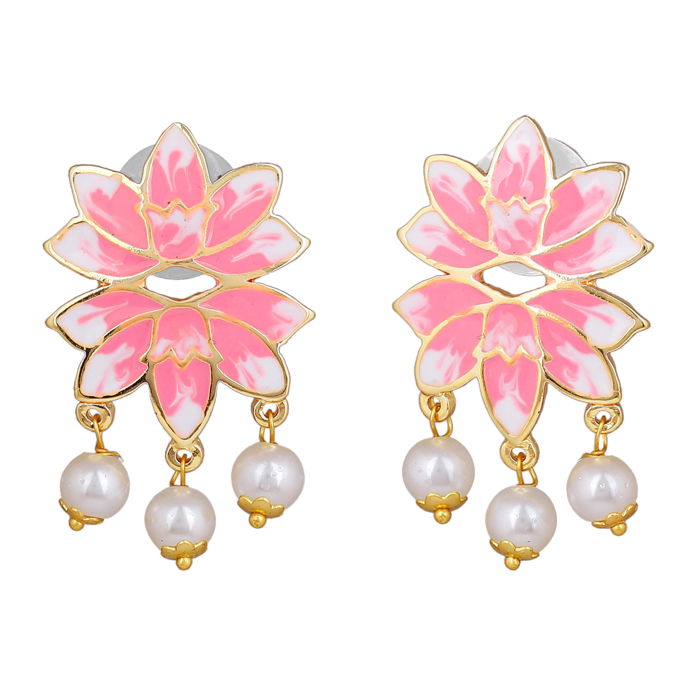 Estele Gold Plated Alluring Lotus Designer Pearl Drop Earrings with Pink Enamel for Girl's & Women