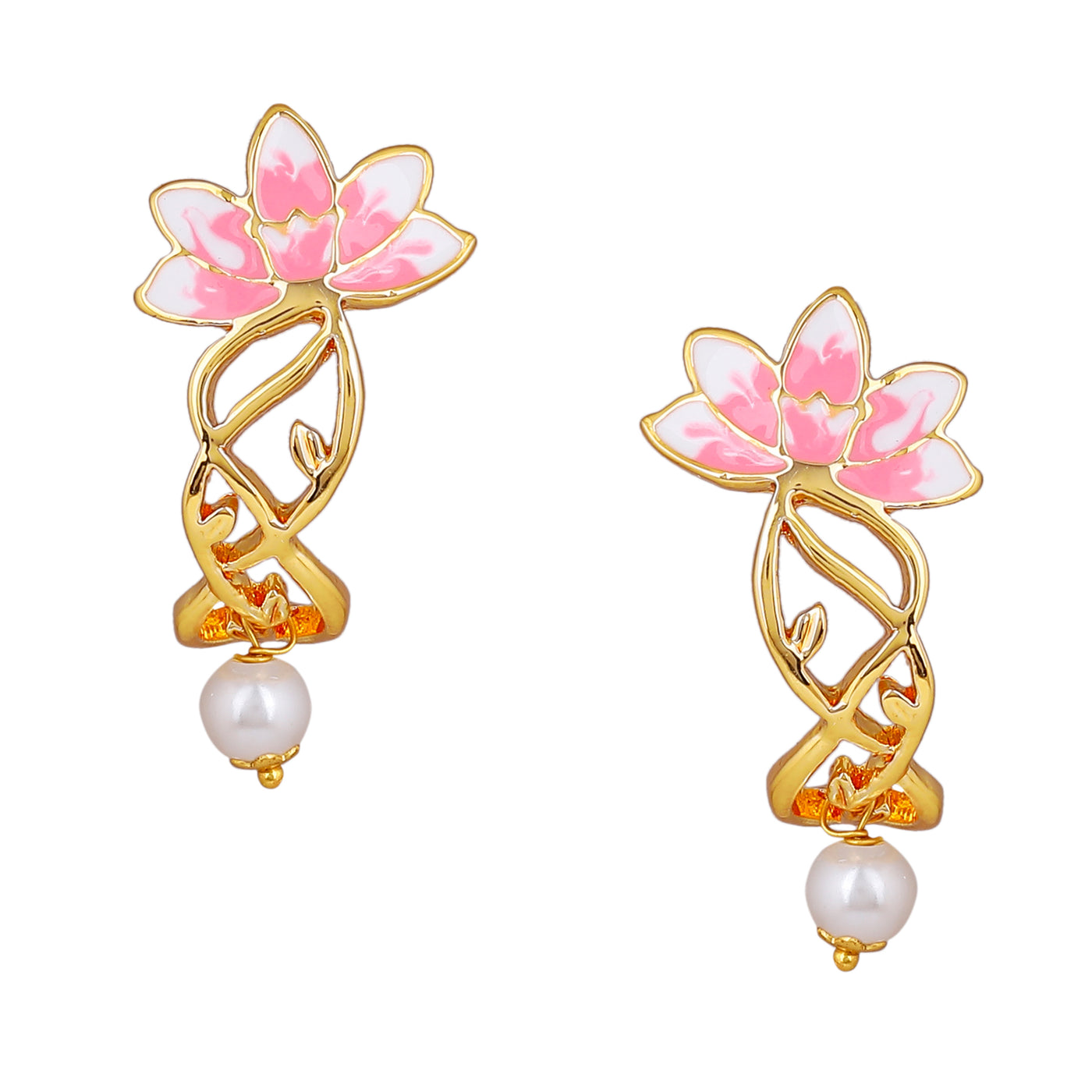 Estele Gold Plated Pink Enamelled Lotus Designer Pearl Drop Earrings for Girl's & Women