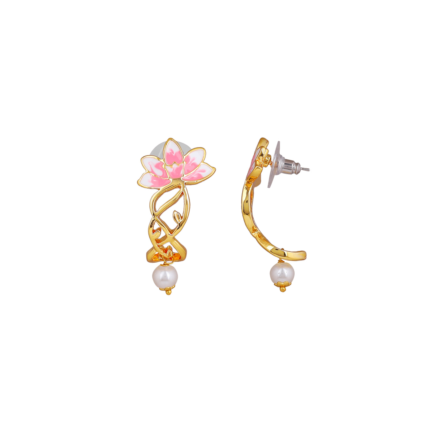 Estele Gold Plated Pink Enamelled Lotus Designer Pearl Drop Earrings for Girl's & Women