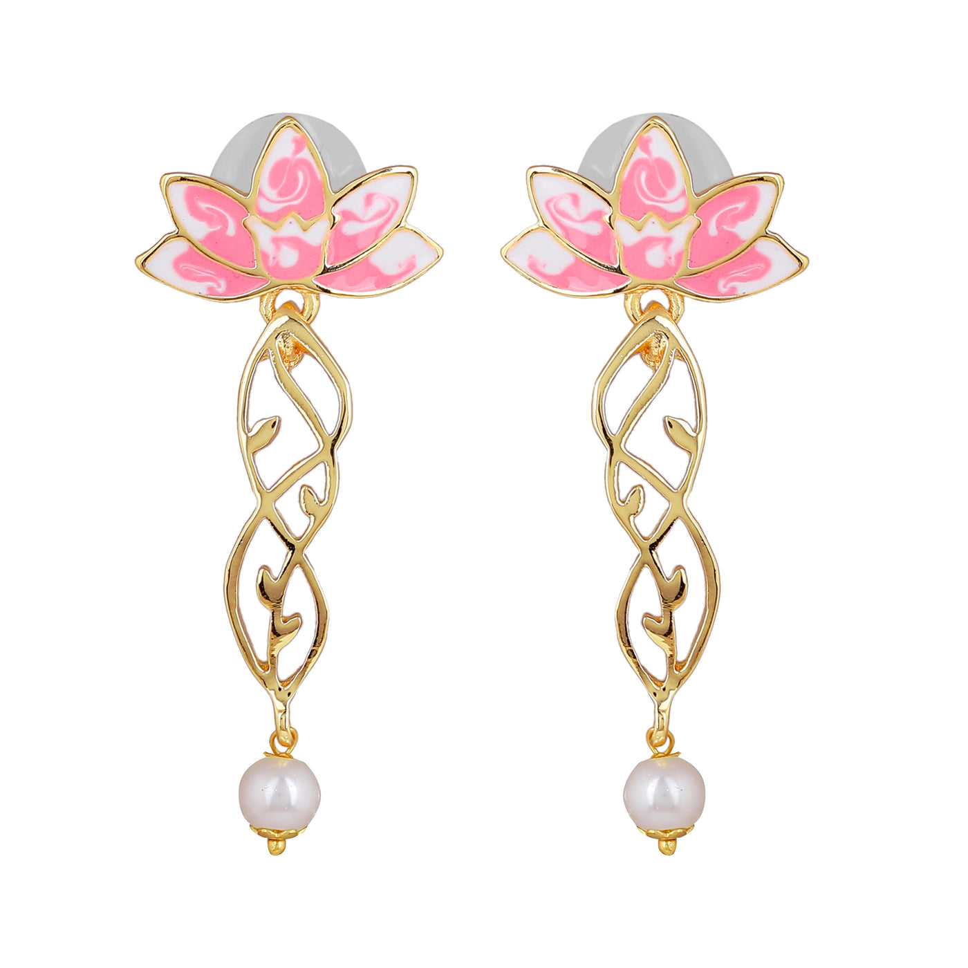 Estele Gold Plated Lotus Flower & Leaf Shaped Pearl Drop Earrings with Pink Enamel for Girl's & Women