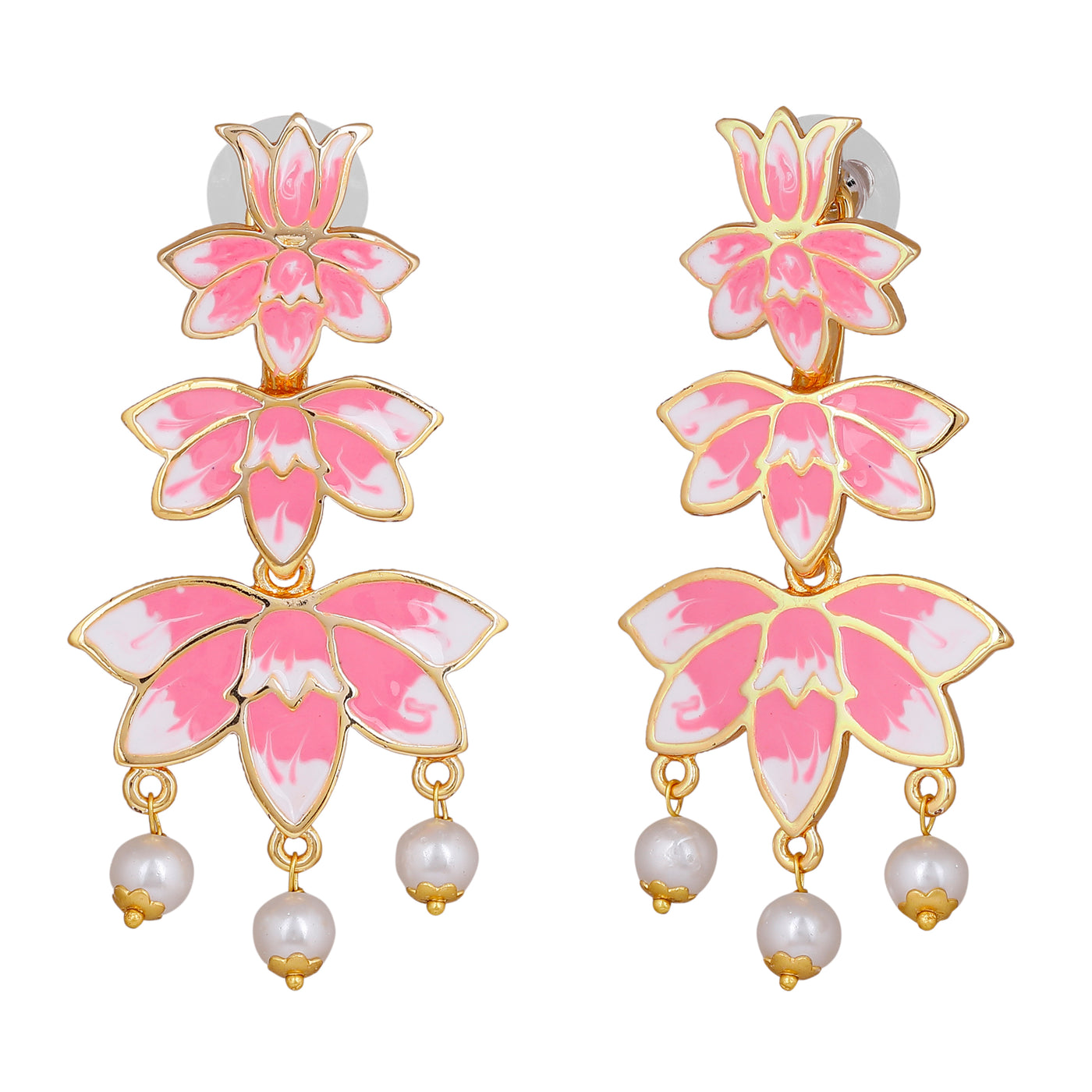Estele Gold Plated Pink Enamelled Lotus Designer Ravishing Pearl Drop Earrings for Girl's & Women