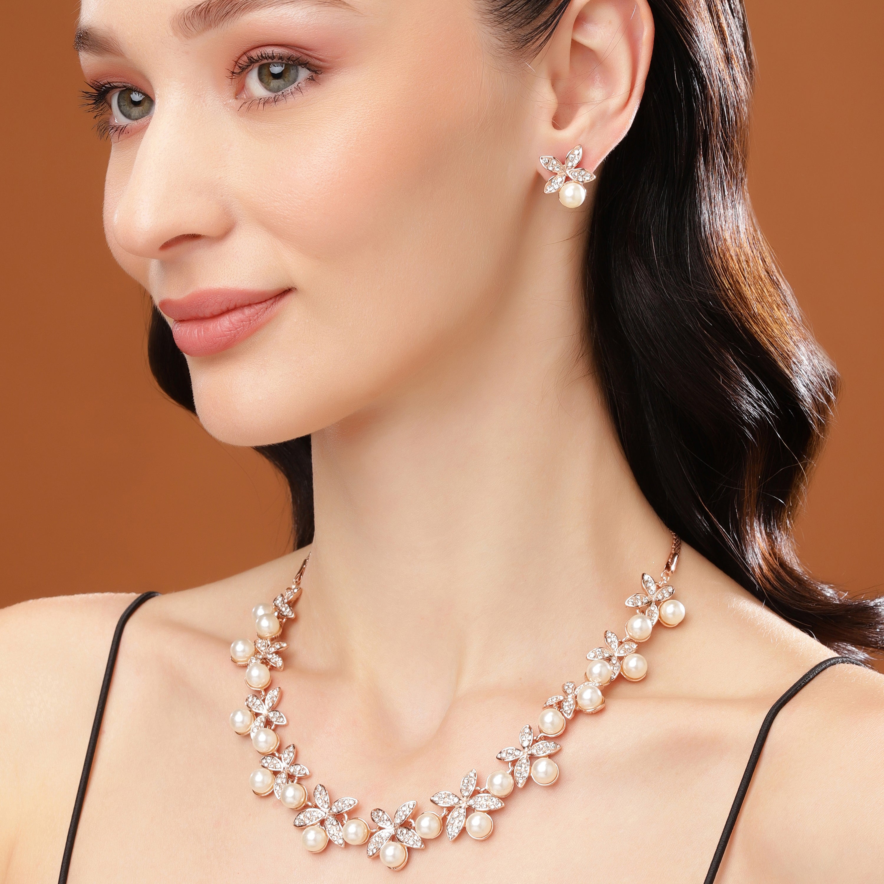 Elegance Blooms Estele Rose Gold Flower Necklace Set