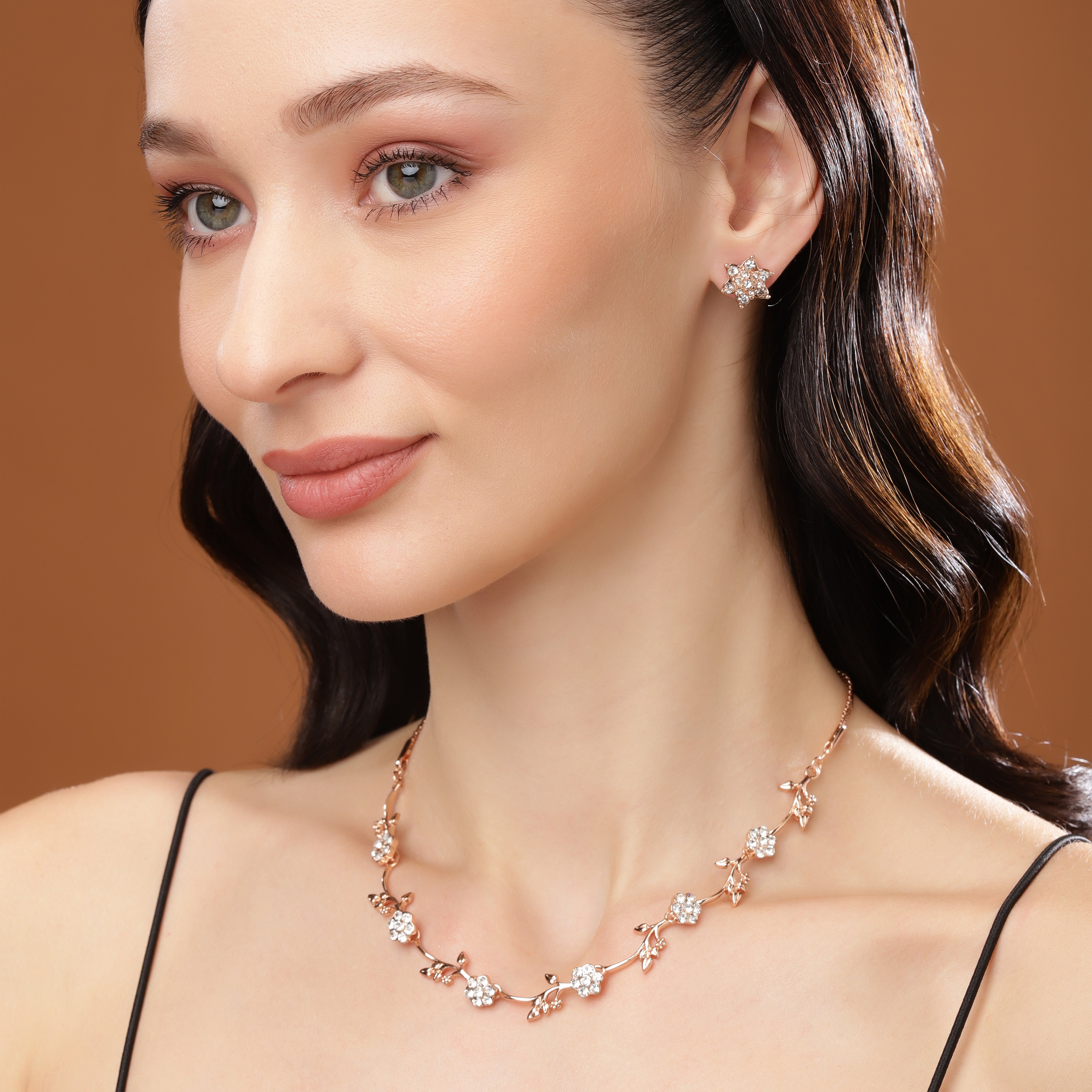 Shop the Rose Gold Plated Flower Necklace Set with Crystals. Estele